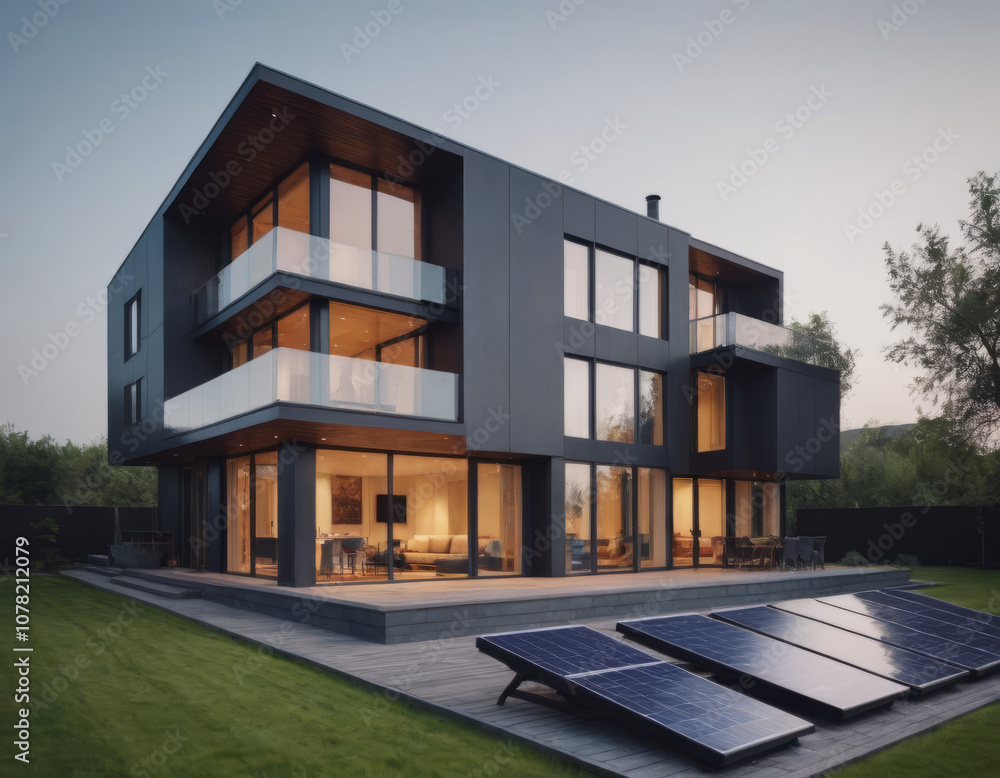 Casa moderna con decorazioni natalizie, luci calde che illuminano l'esterno. Atmosfera festosa, perfetta per la stagione invernale. Casa moderna con decorazioni natalizie, luci calde che illuminano l'esterno. Atmosfera festosa, perfetta per la stagione invernale.