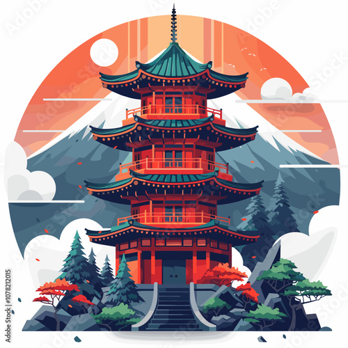 Pagoda in Japan. Vector illustration in flat design style