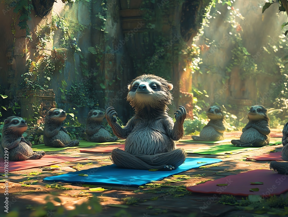 Obraz premium A group of sloths practicing yoga in a jungle temple setting.