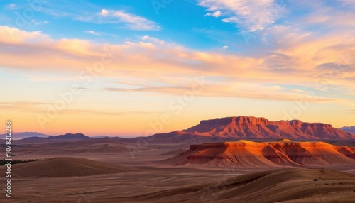 a view of a desert with a mountain in the distance