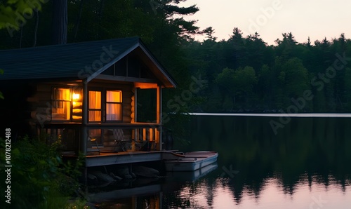 A quiet lakeside cabin at dusk, surrounded by nature, Generative AI