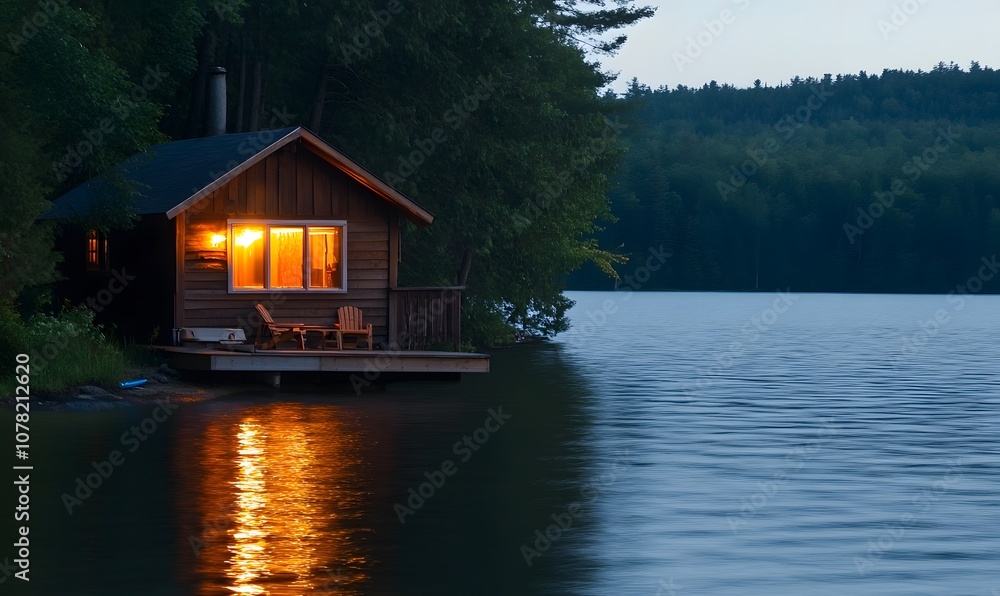 Fototapeta premium A quiet lakeside cabin at dusk, surrounded by nature, Generative AI