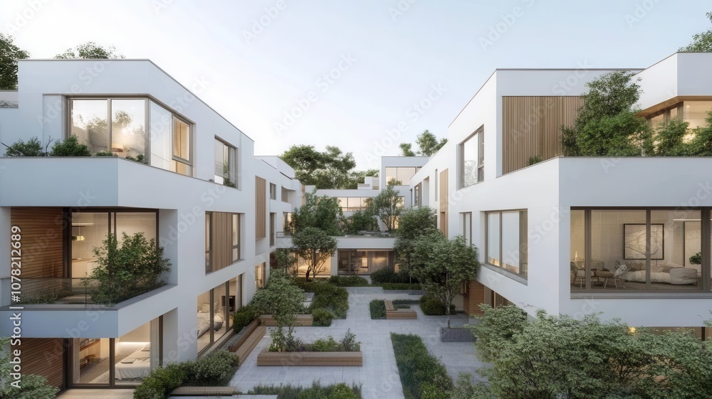 High-density apartments with courtyards, indicating shifts toward sustainable housing High-density apartments with courtyards, indicating shifts toward sustainable housing