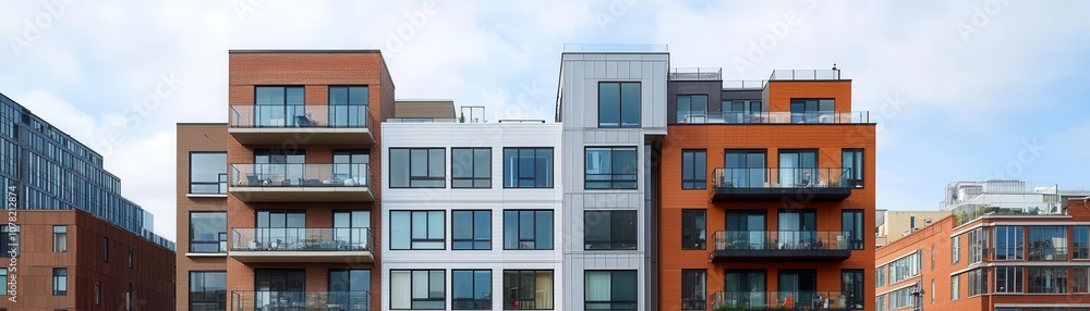 Naklejka premium Mixed-use apartment buildings in downtown, reflecting live-work-play lifestyle trends