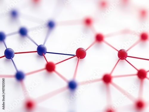 A graphic representation of interconnected nodes and edges in red and blue, illustrating network structures and relationships.