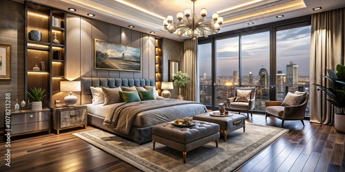 Luxurious Master Bedroom Interior Design in a Modern Apartment with Elegant Decor, Plush Bedding, and Ambient Lighting for Home and Interior Inspiration photo