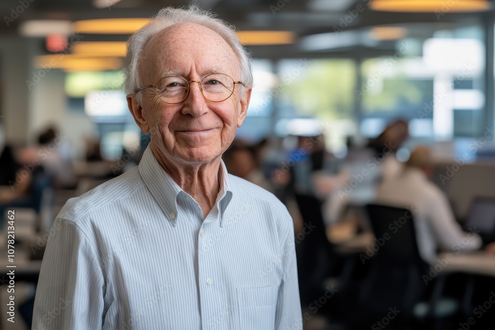 Unposed candid shot of an elderly CEO, smiling warmly as he walks through a bustling office, natural and relaxed expression Unposed candid shot of an elderly CEO, smiling warmly as he walks through a bustling office, natural and relaxed expression