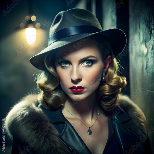 A vintage film noir scene features a mysterious femme fatale.