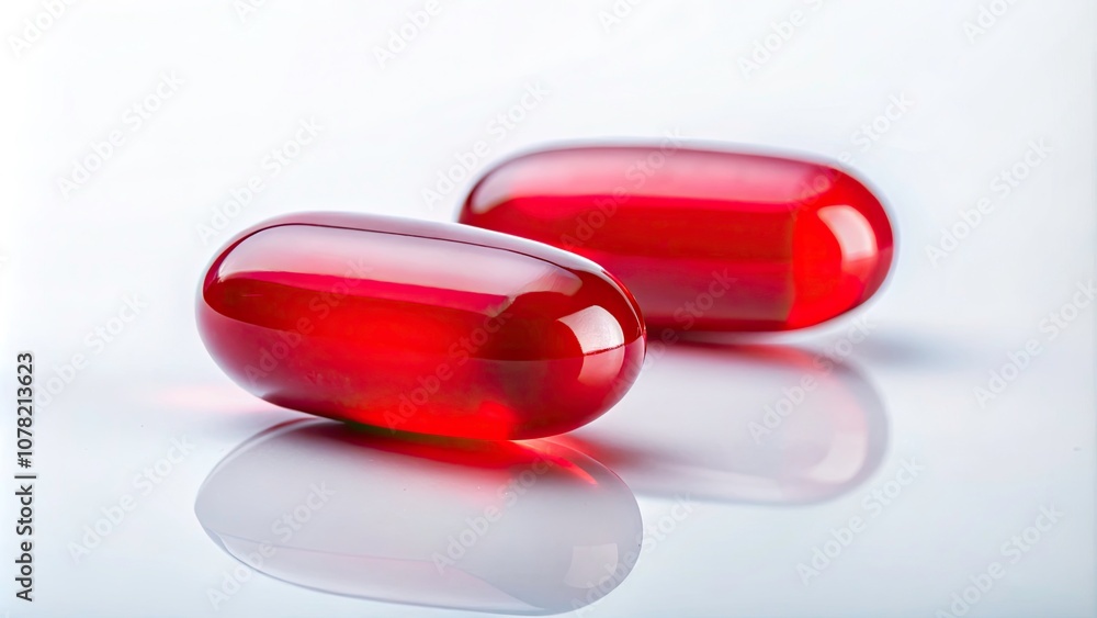 Minimalist Photography of Two Red Soft Gel Capsules on a White Background for Health and Wellness, Pharmaceutical Products, Vitamins, Supplements, and Nutritional Aids Minimalist Photography of Two Red Soft Gel Capsules on a White Background for Health and Wellness, Pharmaceutical Products, Vitamins, Supplements, and Nutritional Aids