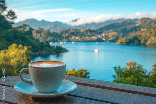 Latte Art Coffee Cup on Wooden Table with Sea and Mountains View