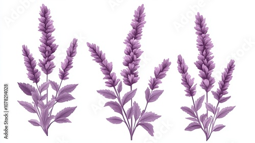 Three Lilac Lavender Stems with Leaves Isolated on White