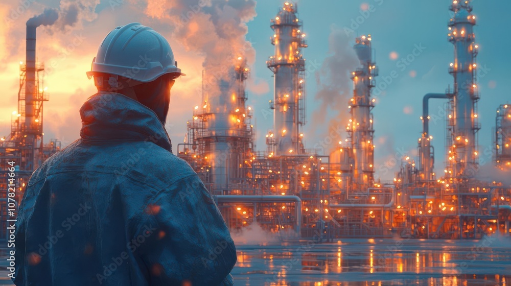 An industrial worker surveying a vibrant refinery at sunset, showcasing energy production and environmental impact. An industrial worker surveying a vibrant refinery at sunset, showcasing energy production and environmental impact.