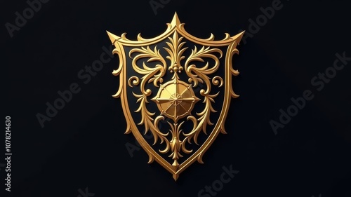 An ornate black shield with intricate gold patterns on a black background.