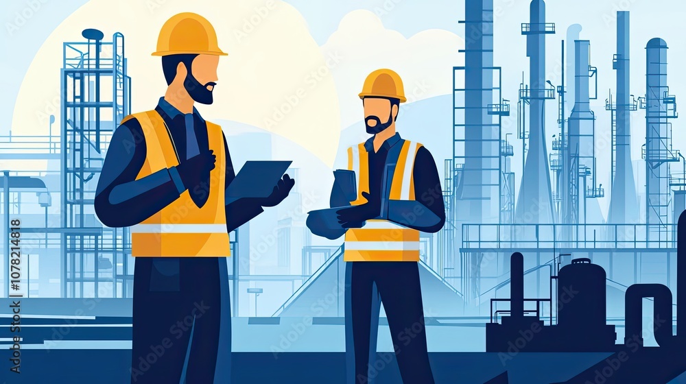 Two Construction Workers In Front of Industrial Site Two Construction Workers In Front of Industrial Site