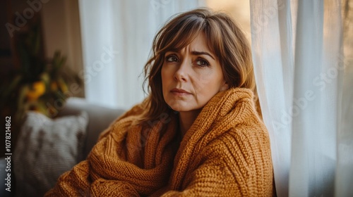 Contemplative Woman Wrapped in Cozy Sweater by a Window