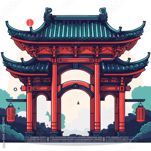Vector illustration of Chinese gate in the park. Chinese traditional architecture