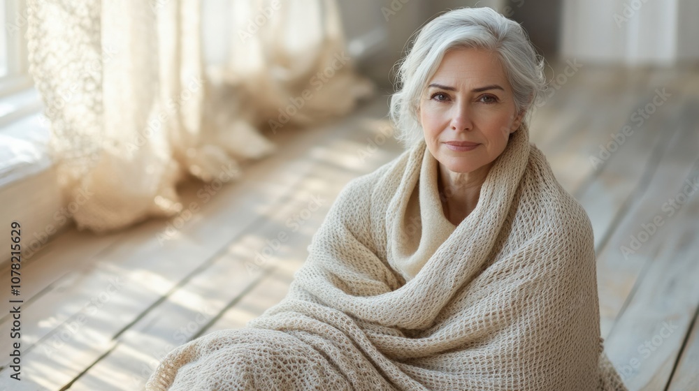 Serene Portrait of a Mature Woman Wrapped in a Soft Blanket Serene Portrait of a Mature Woman Wrapped in a Soft Blanket
