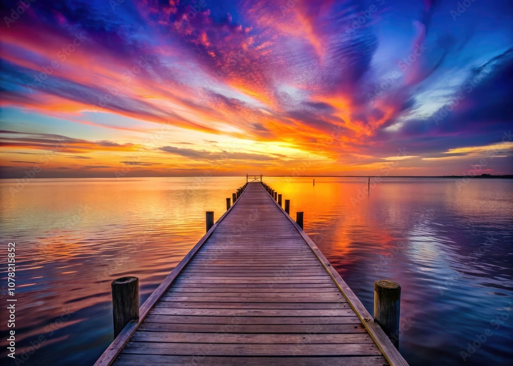 Obraz premium Serene Sunset Silhouette of a Wide Wooden Dock for Travel Inspiration and Quotes