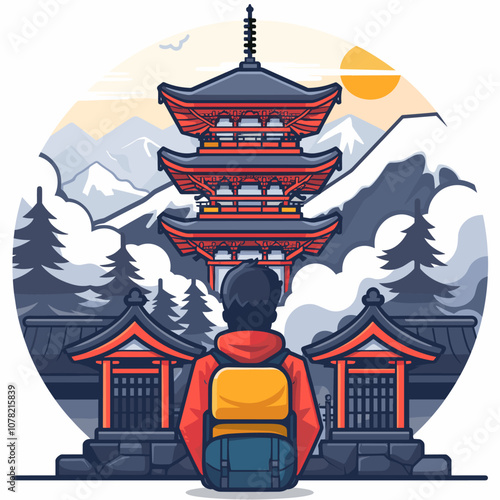 Vector illustration of a man with a backpack in front of a Buddhist temple in the mountains