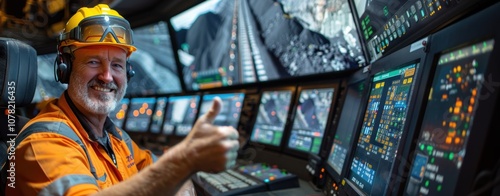 Smiling male miner in an orange uniform giving a thumbs up in a control room.