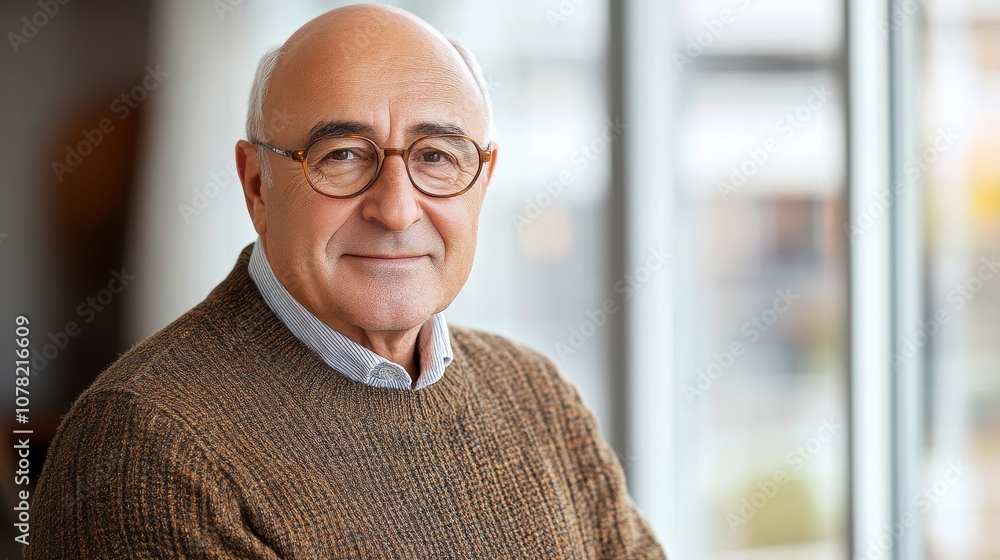 Elderly CEO standing in a panoramic office, his warm smile and kind face in focus, with sweeping views of the city through large windows Elderly CEO standing in a panoramic office, his warm smile and kind face in focus, with sweeping views of the city through large windows