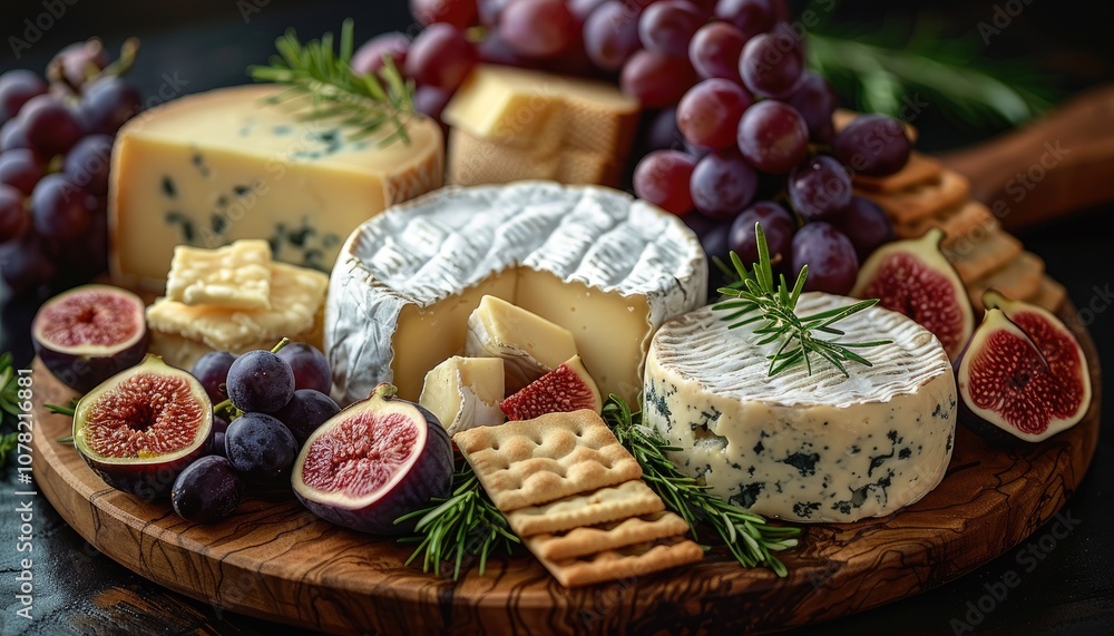 A Gourmet Cheese Plate with Figs, Grapes, and Crackers A Gourmet Cheese Plate with Figs, Grapes, and Crackers