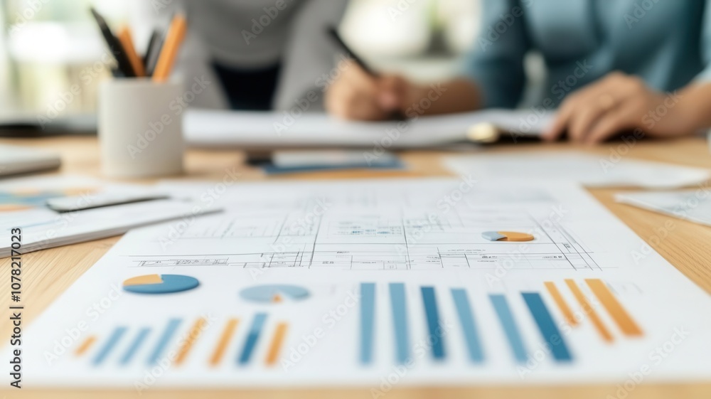 Strategy team examining printed blueprints with strategic goals and performance metrics Strategy team examining printed blueprints with strategic goals and performance metrics