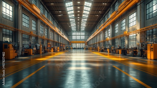 Spacious industrial warehouse with natural light and machinery.