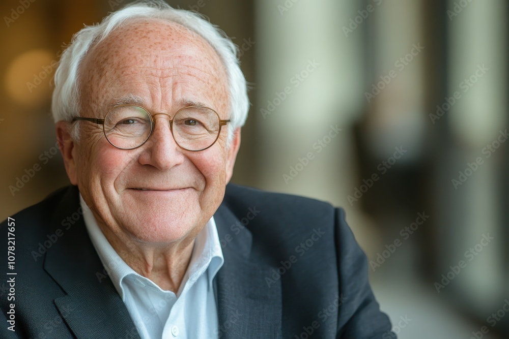 Smiling elderly man in a suit, softly blurred around his features, creating a warm and approachable feeling, with a gentle office backdrop Smiling elderly man in a suit, softly blurred around his features, creating a warm and approachable feeling, with a gentle office backdrop