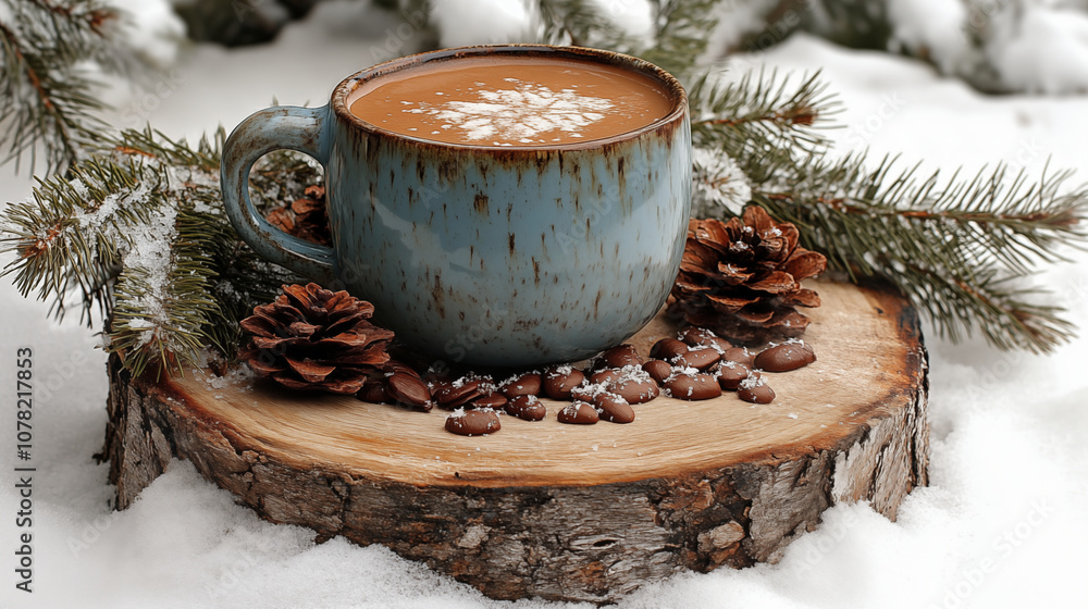 custom made wallpaper toronto digitalRustic hot chocolate in blue ceramic mug on wood slice with pine cones and chocolate candies in snowy winter setting - Concept of cozy winter, comfort food, holiday season