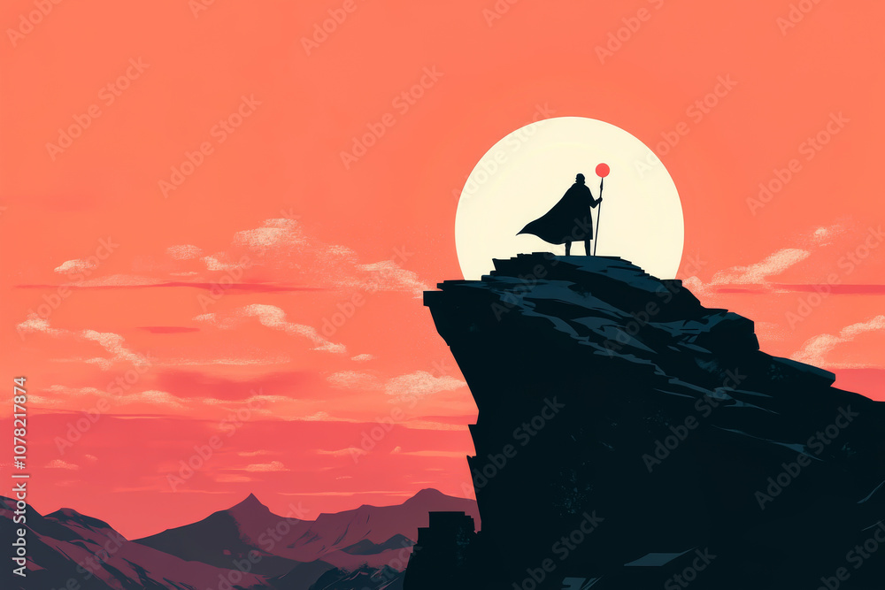 A man stands on a mountain top with a glowing sun in the background. The scene is serene and peaceful, with the man holding a staff and looking out over the landscape A man stands on a mountain top with a glowing sun in the background. The scene is serene and peaceful, with the man holding a staff and looking out over the landscape