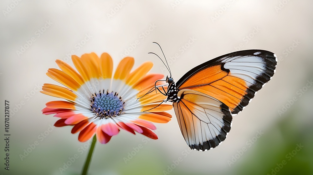 Fototapeta premium The delicate and vibrant wings of the butterfly contrast beautifully against the soft petals of the colorful flower, creating a striking and enchanting scene in nature.