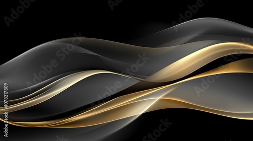 An Eye-Catching Display of Curved Golden Waves on a Black Backdrop, Featuring Glowing Light Effects and Isolated Radiant Lines on a Deep Gray Background. This Vector Design Offers Ample Copy Space, Pe