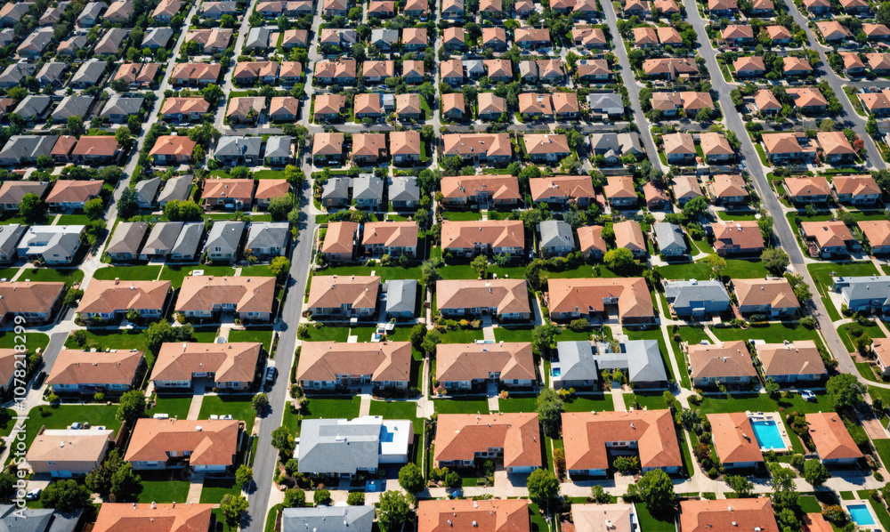 Fototapeta premium An aerial view of a suburban neighborhood with rows of houses and green lawns