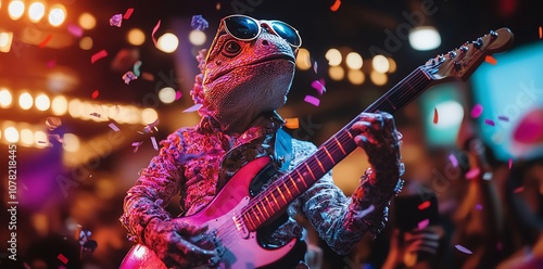 A lizard wearing sunglasses and a patterned shirt plays an electric guitar on stage during a concert, while confetti falls around him.