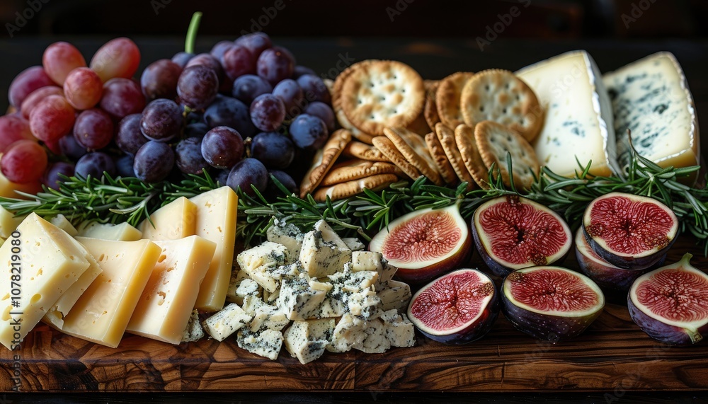 A Gourmet Cheese and Fruit Platter with Rosemary and Crackers A Gourmet Cheese and Fruit Platter with Rosemary and Crackers