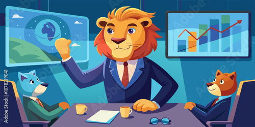 Powerful lion in sharp suit and boots leading business discussion in modern office. Lion executive presenting business charts and data at corporate meeting table in stylish office