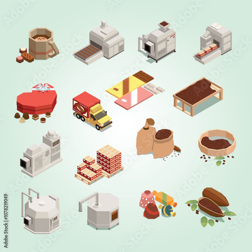 Chocolate production isomeric set of cacao beans raw materials automated factory lines candies and bars isolated vector illustration