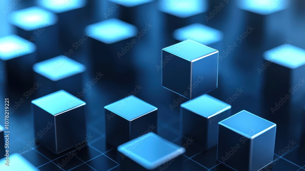 A digital display of illuminated blue cubes arranged in a grid-like pattern, with one cube floating above others, conveying a sense of depth and technology. A digital display of illuminated blue cubes arranged in a grid-like pattern, with one cube floating above others, conveying a sense of depth and technology.