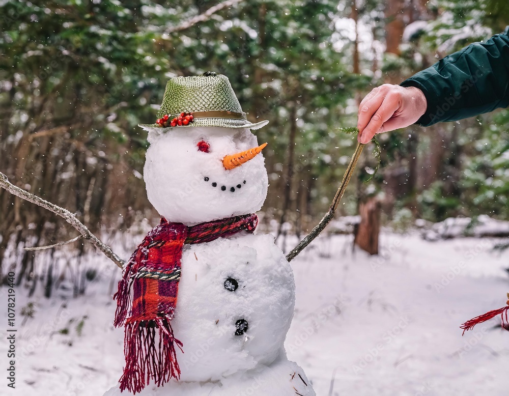 Fototapeta premium Person decorating snowman with tree branch in snowy forest