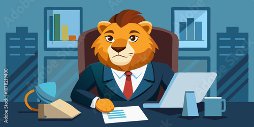 Professional lion in a suit sitting at an executive desk, reviewing financial reports with a serious expression. Business lion working on corporate strategy and analytics in office.

