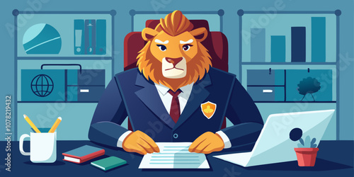 Professional lion in a suit sitting at an executive desk, reviewing financial reports with a serious expression. Business lion working on corporate strategy and analytics in office.

