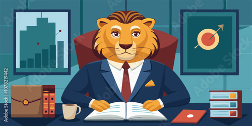 Professional lion in a suit sitting at an executive desk, reviewing financial reports with a serious expression. Business lion working on corporate strategy and analytics in office.

