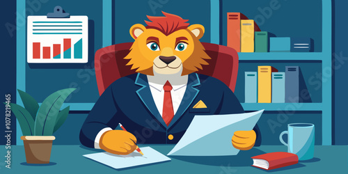 Professional lion in a suit sitting at an executive desk, reviewing financial reports with a serious expression. Business lion working on corporate strategy and analytics in office.

