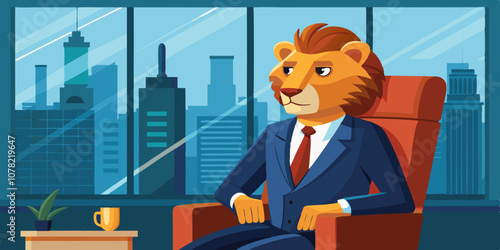 Powerful lion in a business suit sitting confidently in a leather office chair, gazing at the city skyline through large office windows
