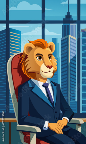 Powerful lion in a business suit sitting confidently in a leather office chair, gazing at the city skyline through large office windows