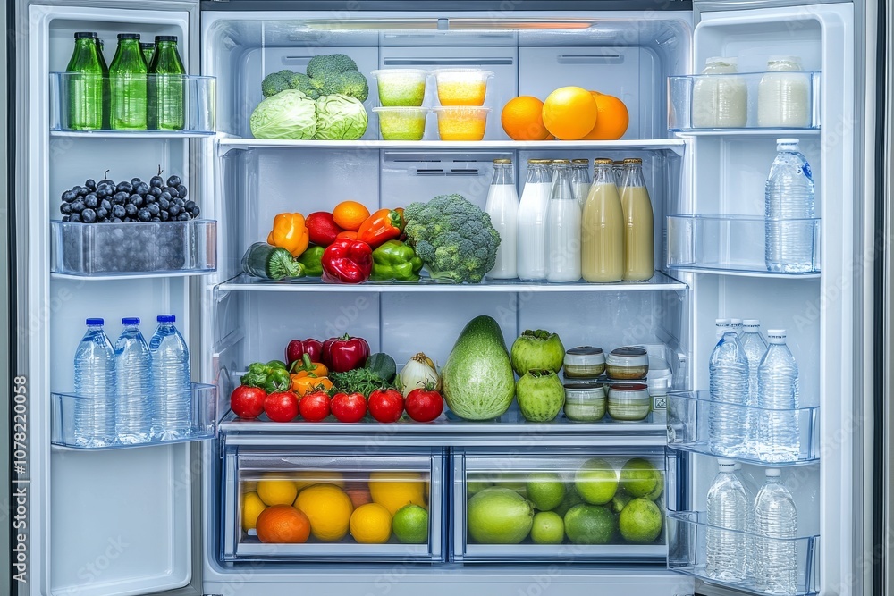 An open refrigerator with various fresh food and drinks inside, including bottles of water, juice, milk, fresh produce like green peppers, broccoli, zucchini and oranges, container of grapes. An open refrigerator with various fresh food and drinks inside, including bottles of water, juice, milk, fresh produce like green peppers, broccoli, zucchini and oranges, container of grapes.