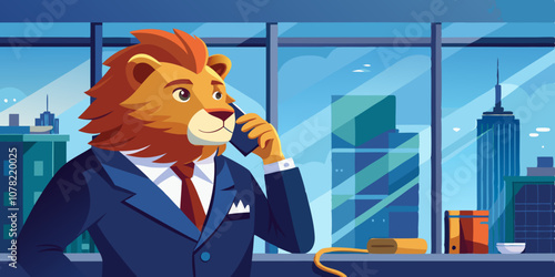 Lion in a suit, making a phone call while standing by a large office window with a panoramic view.
