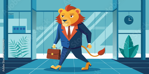 Confident lion in suit and boots walking through corporate lobby, holding briefcase. Corporate lion walking in business environment with briefcase, symbolizing success.