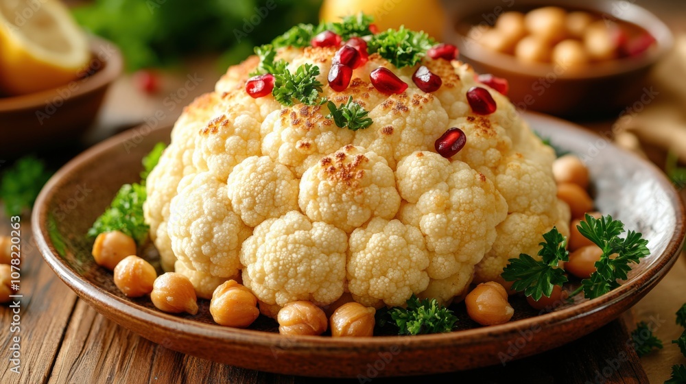 Beautifully Roasted Cauliflower with Garnishes and Nuts on Rustic Plate Beautifully Roasted Cauliflower with Garnishes and Nuts on Rustic Plate